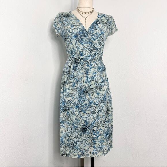 Y2K 00s Mesh Faux Wrap Dress Blue Floral V-Neck Sweet Pea Large Resort Vacation - Picture 4 of 10